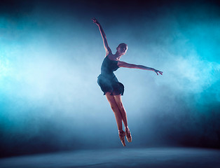 Image showing Beautiful young ballet dancer jumping on a lilac background.