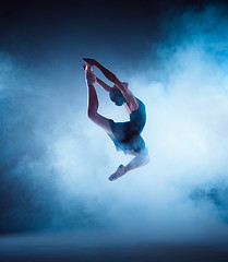 Image showing Beautiful young ballet dancer jumping on a lilac background.