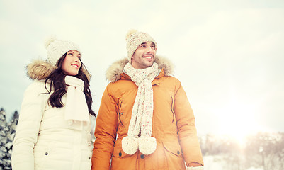 Image showing happy couple walking over winter background