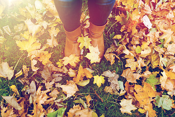 Image showing female feet in boots and autumn leaves