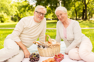 Image showing happy senior couple having picnic at summer park