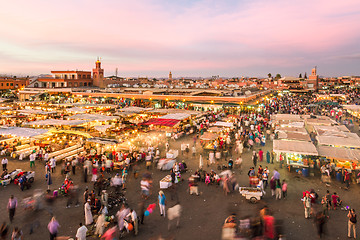 Image showing Jamaa el Fna market square in sunset, Marrakesh, Morocco, north Africa.