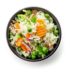 Image showing Bowl of boiled rice with vegetables
