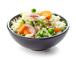 Image showing Bowl of boiled rice with vegetables