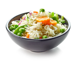 Image showing Bowl of boiled rice with vegetables