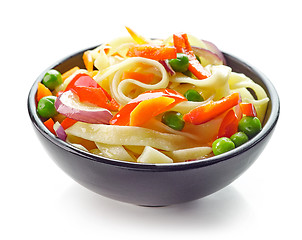 Image showing Bowl of egg noodles with vegetables