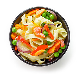 Image showing Bowl of egg noodles with vegetables