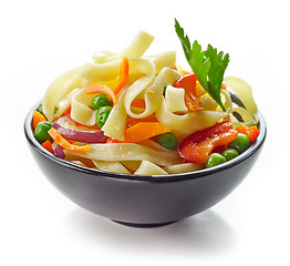 Image showing Bowl of egg noodles with vegetables