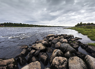 Image showing Late summer landscape. Torne river, Kukkolaforsen, Sweden