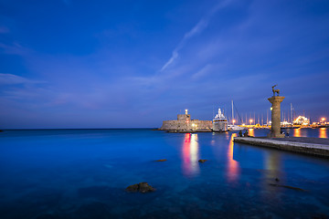 Image showing fortress on the Mandraki harbour of Rhodes Greece