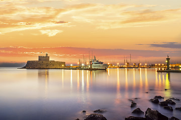 Image showing fortress on the Mandraki harbour of Rhodes Greece