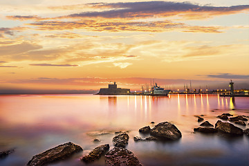 Image showing Agios Nikolaos fortress on the Mandraki harbour of Rhodes Greece