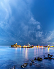 Image showing fortress on the Mandraki harbour of Rhodes Greece