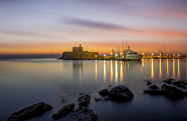 Image showing Agios Nikolaos fortress on the Mandraki harbour of Rhodes Greece