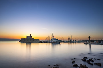 Image showing fortress on the Mandraki harbour of Rhodes Greece