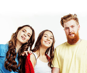 Image showing company of hipster guys, bearded red hair boy and girls students