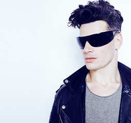 Image showing young handsome modern man in sunglasses like robot, lifestyle fashion style people concept 