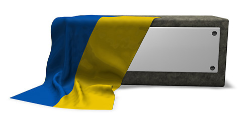 Image showing stone socket with blank sign and flag of the ukraine - 3d rendering