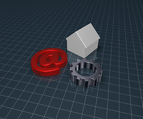 Image showing gear wheel, house model and email alias - 3d illustration