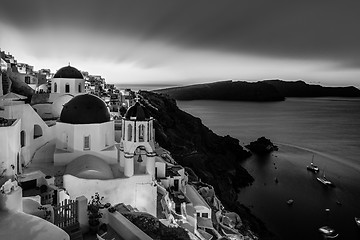 Image showing Traditional greek village of Oia in black and white, Santorini island, Greece.