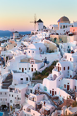 Image showing Oia village at sunset, Santorini island, Greece.