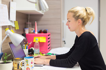 Image showing Female entrepreneur working on laptop in colorful modern creative working environment.