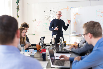 Image showing Relaxed informal IT business startup company team meeting.