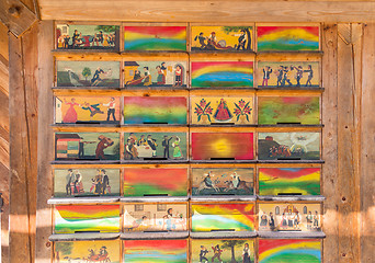 Image showing Traditional slovenian art painted wooden beehives.