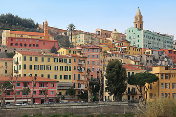 Image showing Colorful houses in old town of Ventimiglia, Imperia, Liguria, It