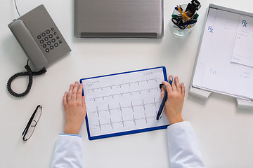 Image showing doctor hands with cardiogram at table