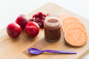 Image showing fruit puree or baby food in jar and feeding spoon
