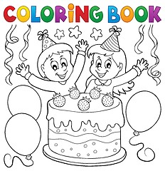 Image showing Coloring book cake and kids celebrating