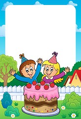 Image showing Frame with cake and two kids celebrating