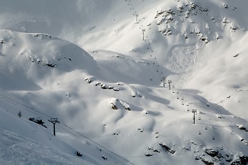 Image showing Skiing slopes, majestic Alpine landscape