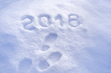 Image showing New Year 2018 greeting, footprints in snow, new year 2018, greeting card