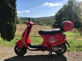 Image showing Close up red color vintage scooter for rent by Siena Vespa in Tuscan landscape