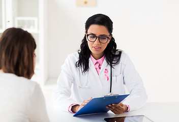 Image showing doctor with pink awareness ribbon and patient