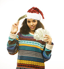 Image showing cute young real african hipster girl in santas red hat isolated 