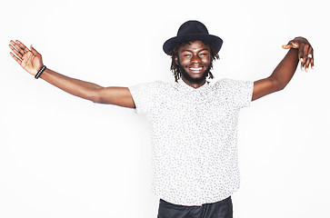 Image showing young handsome afro american boy in stylish hipster hat gesturin