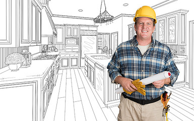 Image showing Male Contractor With House Plans Wearing Hard Hat In Front of Cu