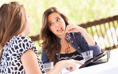 Image showing Expressive Young Adult Girlfriends Using Their Computer Electron