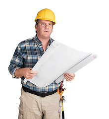 Image showing Male Contractor With House Plans Wearing Hard Hat Isolated on Wh