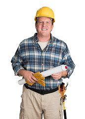 Image showing Male Contractor With House Plans Wearing Hard Hat Isolated on Wh