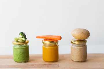 Image showing vegetable puree or baby food in glass jars