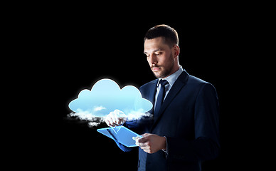 Image showing businessman with tablet pc and cloud hologram