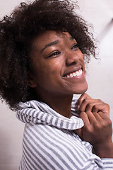 Image showing beautiful black woman wearing  bathrobe