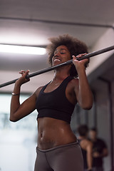 Image showing black woman lifting empty bar