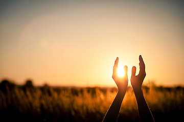 Image showing silhouette of female hands during sunset.