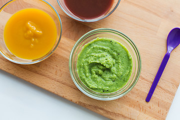 Image showing vegetable puree or baby food in glass bowls