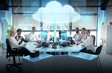 Image showing happy business team with cloud computing hologram